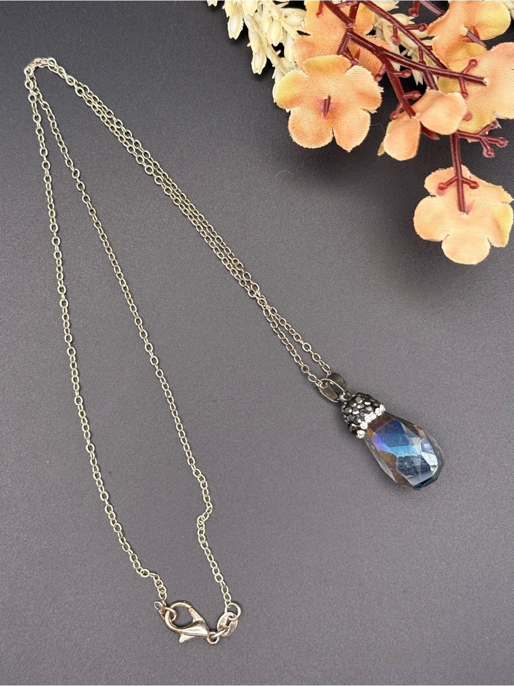 Silver-Tone Aurora Borialis Teardrop Pendant Necklace - Women Jewelry
